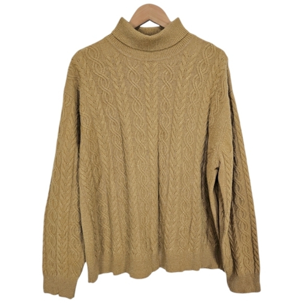 Rainforest Merino Wool Turtleneck Cable Knit Sweater Tan Womens Size XL Relaxed